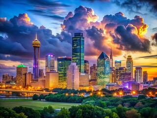 Fototapeta premium Stunning Night View of the Dallas Skyline with Bright City Lights and Dramatic Cloudy Sky Background