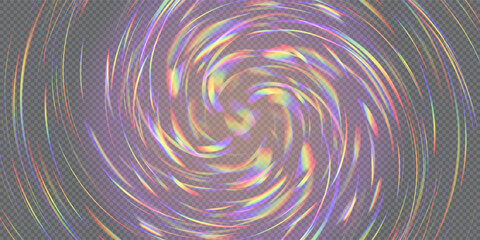 Rainbow prism flare spinning portal on transparent bg. Dispersion and refraction of sunlight in psychedelic swirl background. Hologram blurred spectrum gradient pattern. Abstract vector illustration