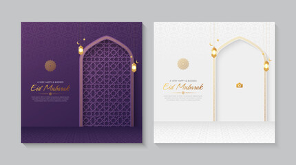 Eid Mubarak ornamental greeting cards with Islamic pattern and decorative photo frame © Minhas Attari