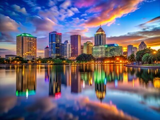 Obraz premium Stunning Orlando Skyline at Dusk with Colorful Reflections on the Water and City Lights Illuminated