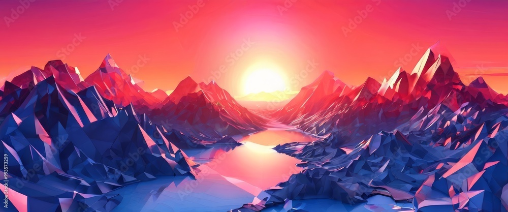 Poster a surreal, vibrant landscape featuring sharp, angular mountains and a glowing sunset. the abstract s