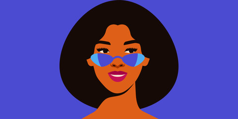 Smiled woman in blue sunglasses looks to the right. Front Portrait of happy beautiful girl on blue background, front view. Fashion Vibrant female face with make up in eyewear. Vector illustration