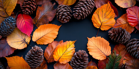 Autumn Composition with Leaves and Pine Cones on Dark Background