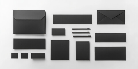 A minimalist flat lay of black stationery, including envelopes, pens, and paper, laid out in a precise, geometric arrangement.