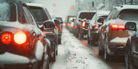 Cars stuck in traffic during a snowy winter day, with vehicles covered in snow and brake lights shining through the cold and icy conditions.