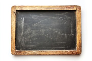 Worn rectangular blackboard with vintage wooden frame and scratches, featuring chalk residue, creating a nostalgic classroom feel.