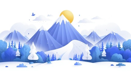 Winter Mountain Landscape with a Yellow Sun