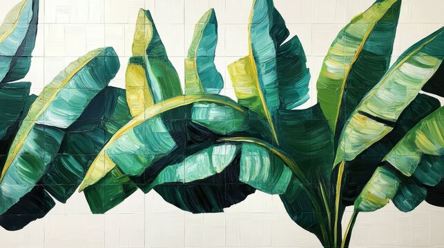 Striking Banana leaves painted in a bold, expressive style on a crisp, white backdrop