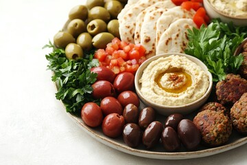 Vibrant flat lay of vegan mediterranean platter with hummus, olives, falafel, and pita bread