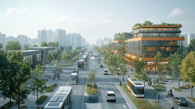 Expansive overview of a sustainable urban mobility hub, with multimodal transportation options, electric charging infrastructure, and intelligent traffic management