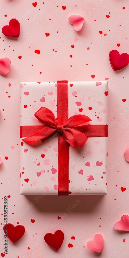 Aufkleber a red box with a red ribbon sits on a pink background with many red hearts scattered around it