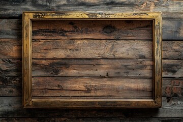 A rugged wooden plank wall with a tarnished brass frame, the empty middle creating a rustic vibe 