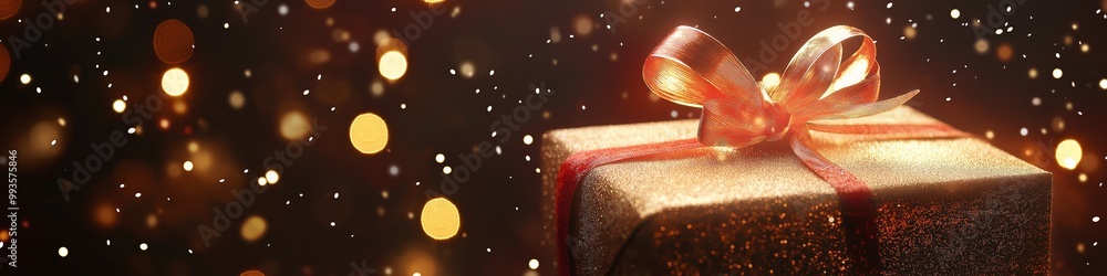 Poster a gold box with a red bow on top of it. the box is surrounded by a blurry background with a lot of l