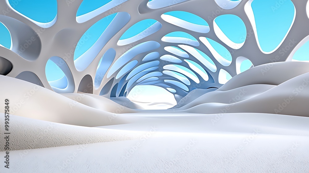 Poster an abstract white structure illuminated by a blue skylight, blending form with elegance.