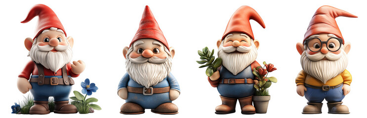 Four colorful garden gnomes smiling and holding plants transparent background