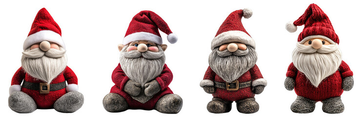 Four decorative Santa Claus figurines representing holiday cheer transparent background