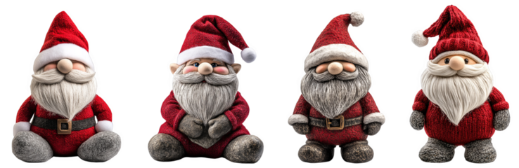 Four decorative Santa Claus figurines representing holiday cheer transparent background