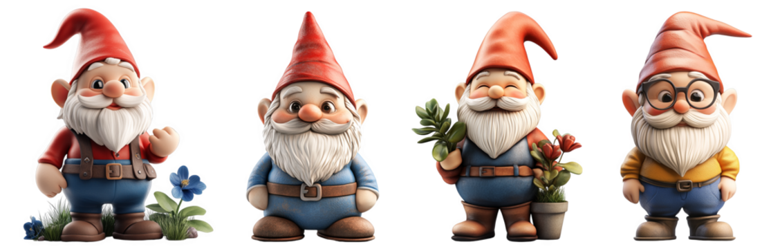 Four colorful garden gnomes smiling and holding plants transparent background
