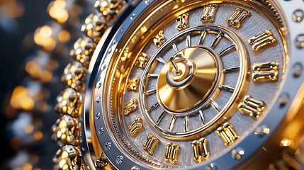 A gleaming golden clock face with Roman numerals, marking time with timeless elegance.