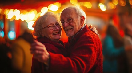 Obraz premium Joyful Elderly European Couple Dancing Energetically at Lively Social Event Engrossed in Music Celebration