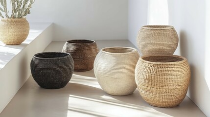 Artisanal Elegance: Handcrafted Woven Baskets in Earthy Neutrals Amid Minimalist Serenity