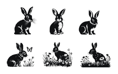 Obraz premium Set of rabbits in various poses, detailed vector illustration. Black and white designs of bunnies in natural settings with flowers and butterflies.
