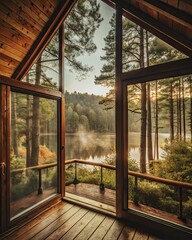 Cozy cabin interior with large windows overlooking nature.