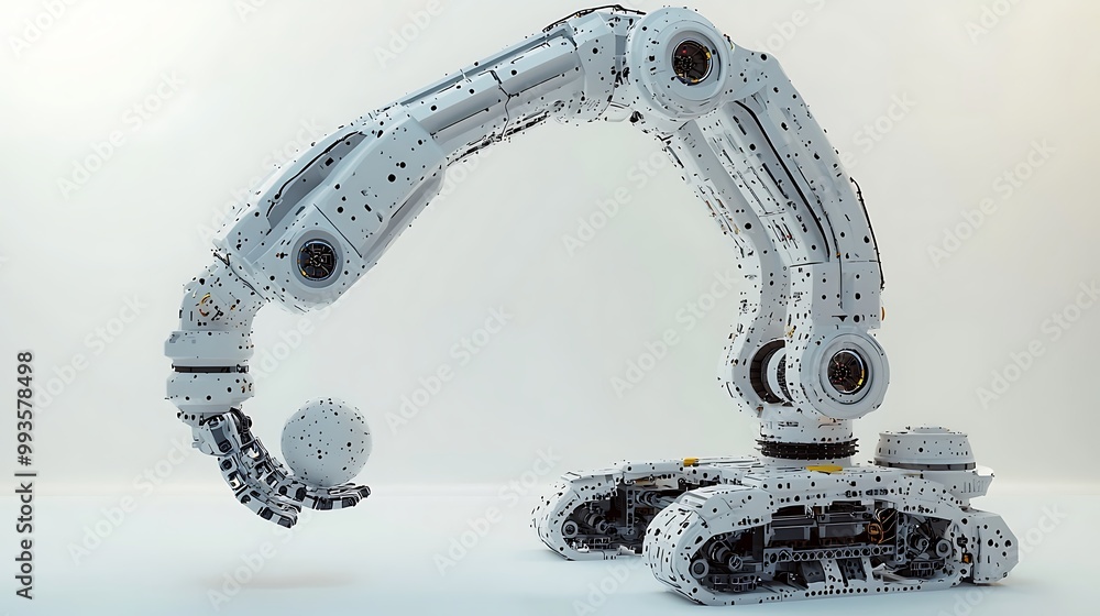 Poster a futuristic robotic arm grasps a sphere, blending technology and precision.