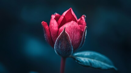 Fototapeta premium A single red rose bud in bloom against a dark background.