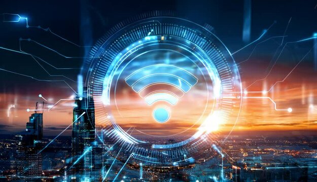 wireless technology and smart city connectivity, showcases a futuristic cityscape with a glowing Wi-Fi symbol in the sky, representing the ubiquity of digital communication networks in modern urban.