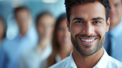 Fototapeta premium Smiling Professional Team Leader in Modern Office Environment - Business Success and Leadership Concept
