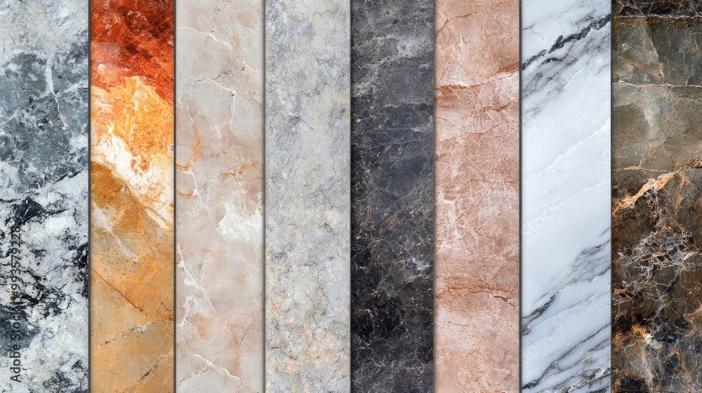 Poster a collection of various marble tiles showcasing different colors and patterns.