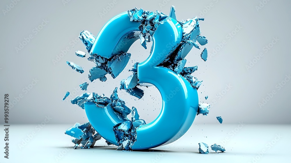 Poster a blue 3d number shatters into pieces, an abstract design of fragmentation.