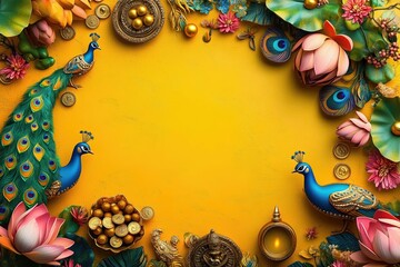 Diwali Lakshmi Puja style wallpaper saffron yellow background with peacock blue decoration and large blank space in the center for text lotus flowers and peacocks on both sides of the frame oil lamps