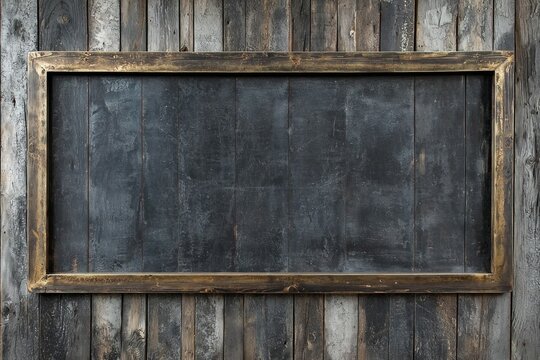 A rugged wooden plank wall with a tarnished brass frame, the empty middle creating a rustic vibe 