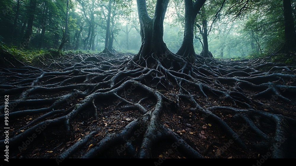 Poster A dense network of tree roots spread across the forest floor, a misty backdrop creating an ethereal and mysterious atmosphere.
