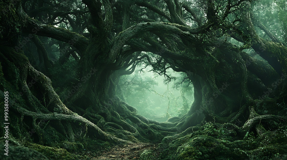 Poster a mysterious path through a dense, mossy forest with tangled branches and roots creating a circular 