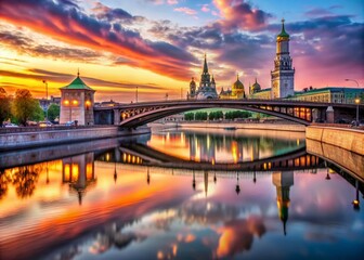 Obraz premium Stunning View of Krymsky Bridge at Sunset with Reflections on the Water in Moscow, Russia