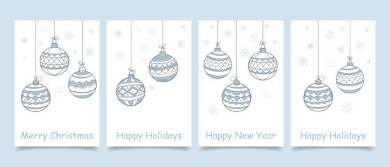 Christmas balls with snowflakes. Set of greeting card templates background in outline style. Minimal new year illustration.