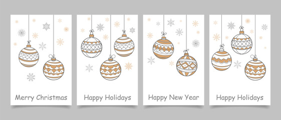 Christmas balls with snowflakes. Set of greeting card templates background in outline style. Minimal new year illustration.