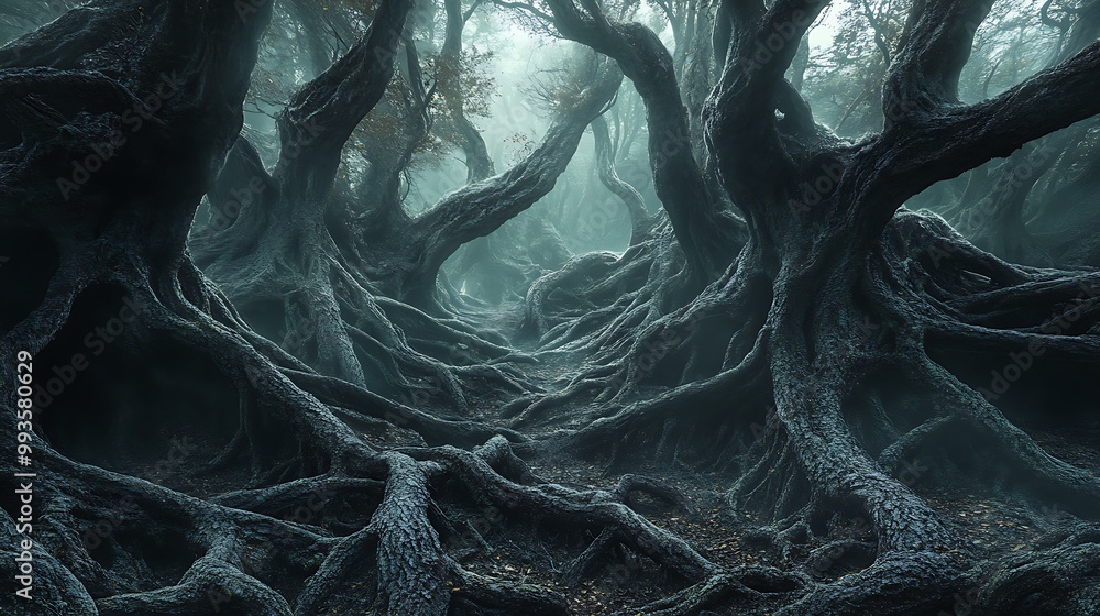 Poster a path through a dense, mysterious forest with gnarled tree roots and a misty atmosphere.