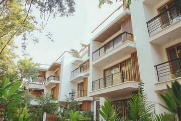 Fototapeta premium Modern White Building with Balcony and Wooden Accents