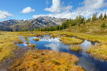 Bergsee in einer herbstlichen Moorlandschaft in den Alpen