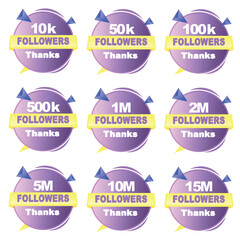 10k 50k 100k 500k 1M 2M 5M 10M and 15M Social Media Follower Badge celebration post set vector with purple color theme