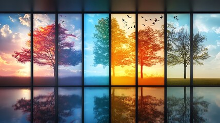 Four seasons depicted in windows, showing a tree changing colors with a sunset.