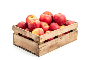 Red apples in wooden box isolated on white background