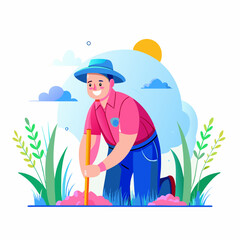 Farmer working in rice field image. Cartoon style. Vector illustration.