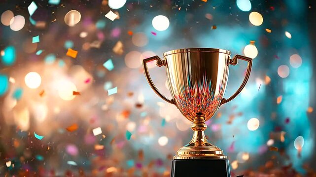 A golden trophy cup, polished to perfection, stands amidst a cascade of colorful confetti and dazzling glitter, symbolizing a moment of triumph and success in the workplace