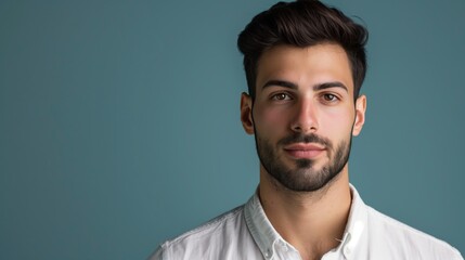 Obraz premium Professional Headshot of Young Man with Dark Hair in White Shirt on Blue Background