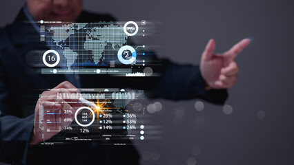 Professional interacts with advanced data visualizations, global statistics and analytics, emphasizing importance of data-driven decision-making in modern business environments